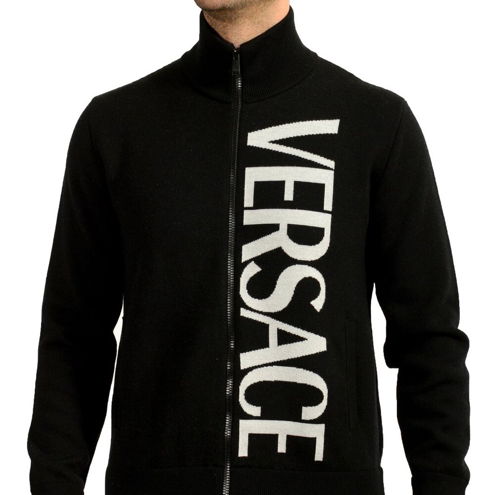 Versace Men's Wool Knitted Logo Print Full Zip Cardigan Sweater US M IT 50